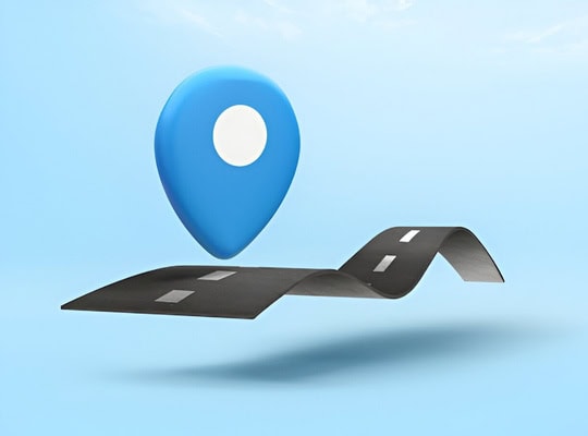 Map marker icon with a road folding into a location pin, representing school ratings and location-based educational information.