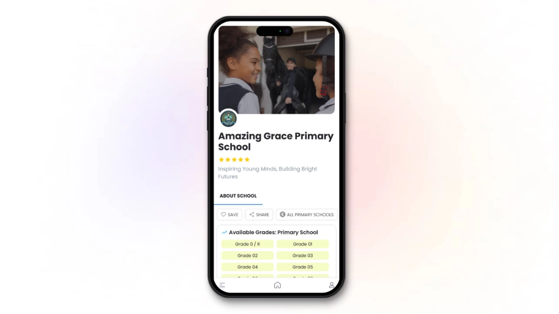 A colourful screenshot of a school ratings app showing Amazing Grace Primary School's ratings and available grades for primary education.